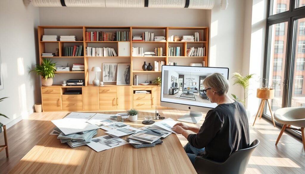 A modern, well-lit interior design studio with natural light streaming through large windows. On the foreground, an interior designer examines fabric samples, mood boards, and sketches on a minimalist wooden desk. In the middle ground, a 3D model of a living room with contemporary furniture and decor elements is displayed on a computer monitor. In the background, shelves filled with design books, color palettes, and architectural magazines create a cozy, professional atmosphere. The overall scene conveys the thoughtful, collaborative process of an interior designer bringing a client's vision to life through a combination of creativity, technical skills, and attention to detail.