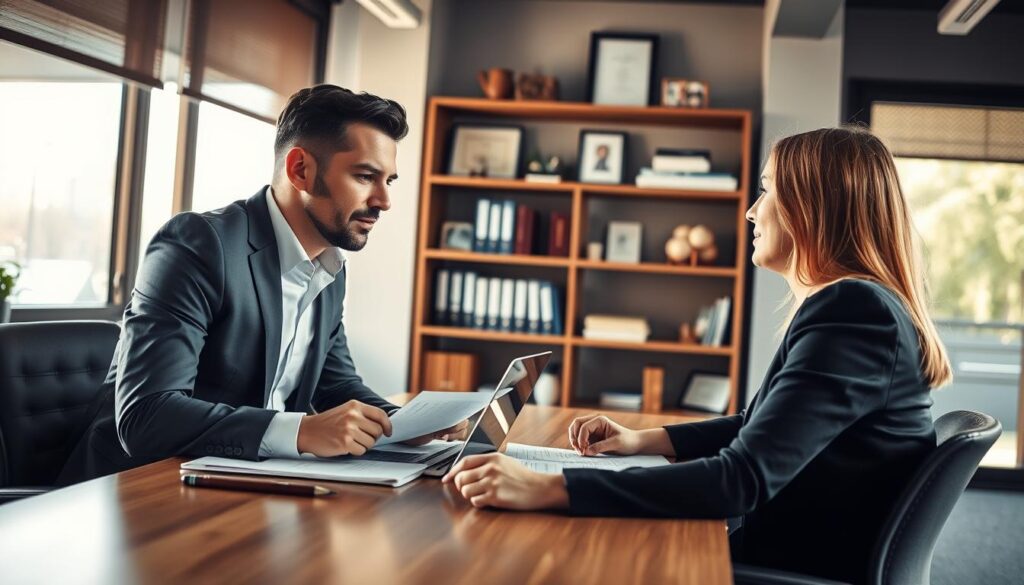 A modern, well-lit office interior featuring a career consultant meeting with a client. The consultant, dressed in professional attire, sits across a table, engaged in a serious discussion, papers and a laptop visible. The client listens intently, their expressions conveying a sense of guidance and expertise. The background showcases a bookshelf, diplomas, and other accoutrements indicative of a career counseling practice. Warm, natural lighting filters through large windows, creating a welcoming and productive atmosphere. The scene captures the essence of a career consultant's role in providing personalized advice and support to help clients navigate their professional journeys.