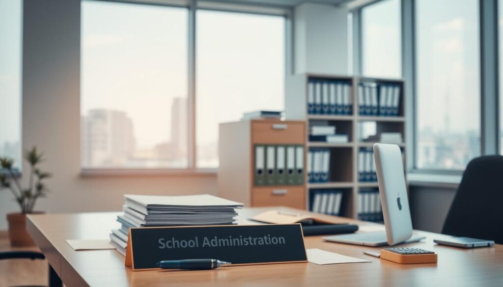 A modern, well-lit office interior with a clean, minimalist aesthetic. In the foreground, a desk with a computer, folders, and a nameplate that reads "School Administration". On the desk, various office supplies neatly organized, including a pen, highlighter, and a small calculator. In the middle ground, a filing cabinet and a bookshelf filled with binders and reference materials. The background features large windows overlooking a cityscape, creating a sense of professionalism and efficiency. The lighting is soft and warm, creating a calm and productive atmosphere. The overall scene conveys the skills and responsibilities of a school administrator, such as organization, attention to detail, and proficiency with office technology.