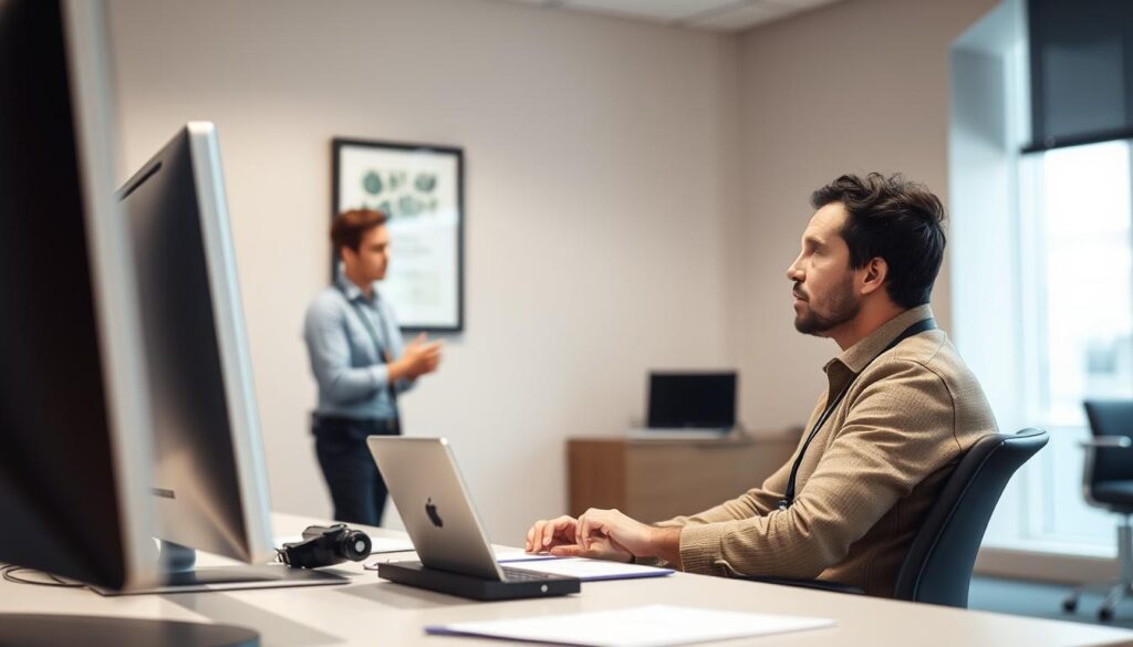 A modern, well-lit office interior with a desk, chair, and computer. In the foreground, an employee sits at the desk, engaged in a performance review discussion with their manager, who stands across the desk. The manager gestures while the employee listens attentively. The background features a neutral-toned wall with a framed artwork or certificate, suggesting a professional and formal environment. The lighting is soft and diffused, creating a contemplative mood. The camera angle is slightly elevated, providing a comprehensive view of the scene. The overall composition conveys a sense of the evaluation process and the importance of understanding the workplace's performance assessment system.