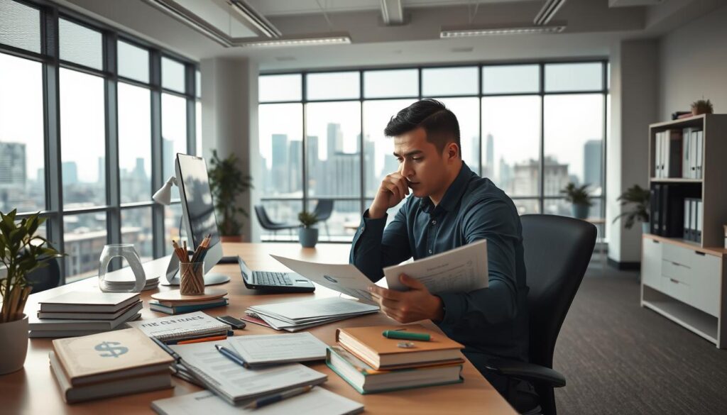 A modern, well-lit office interior with a desk, computer, and office supplies. In the foreground, a person sits at the desk, deep in thought as they review financial documents and consider strategies for increasing their annual income. The middle ground features various career advancement tools and resources, such as books, online courses, and networking materials. The background showcases a city skyline visible through large windows, conveying a sense of opportunity and growth. The overall mood is one of focus, determination, and the pursuit of professional advancement.