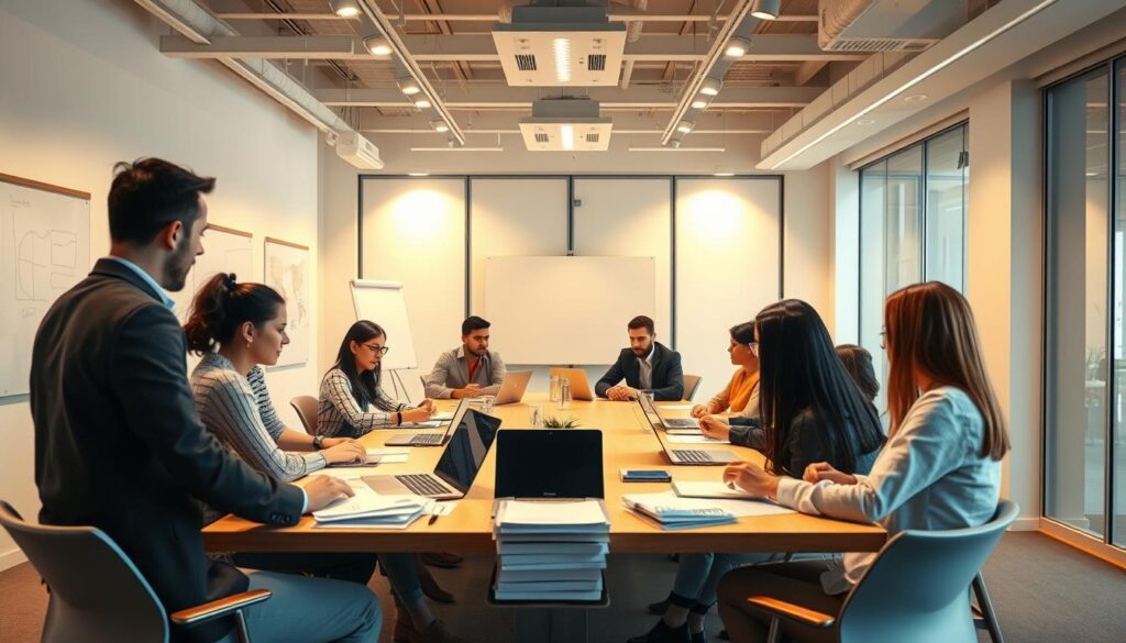 A modern, well-lit office interior with a diverse group of employees collaborating at a large conference table. The table is surrounded by whiteboards, laptops, and stacks of papers, indicating an active business environment. The employees appear to be of different nationalities, emphasizing the multinational nature of the company. Warm, directional lighting illuminates the scene, creating a professional and productive atmosphere. The camera angle is slightly elevated, capturing the dynamic energy of the workspace. Overall, the image conveys the importance of language skills and cultural diversity in the context of a global, corporate setting.