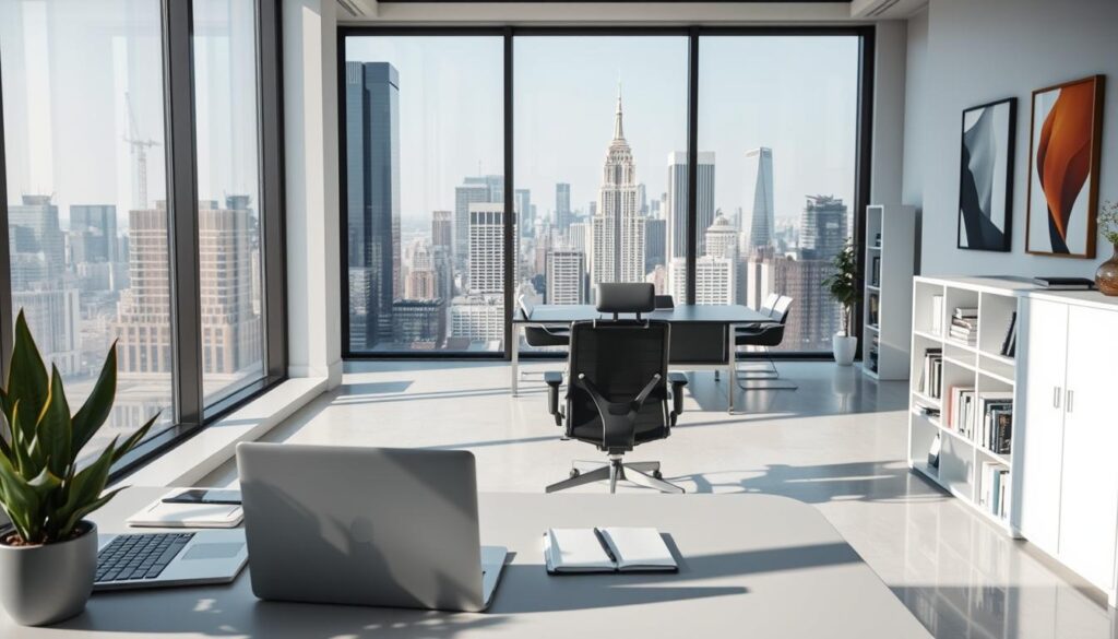 A modern, well-lit office interior with a large window overlooking a bustling city skyline. In the foreground, a desk with a laptop, stationery, and a potted plant, creating a sense of productivity and organization. In the middle ground, an ergonomic office chair and a bookshelf filled with relevant business publications. The background features minimalist decor, such as abstract art prints and a sleek, minimalist conference table, conveying a professional and progressive work environment. The overall mood is one of focus, preparedness, and anticipation, reflecting the article's theme of resolving first-day anxieties through proactive research and planning.