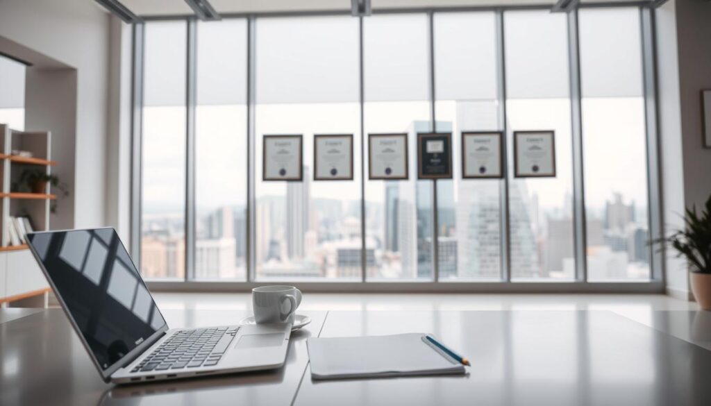 A modern, well-lit office interior with a minimalist design. In the foreground, a desk with a laptop, notepad, and a cup of coffee, suggesting a productive work environment. In the middle ground, a row of framed certificates or accolades on the wall, indicating the hiring manager's expertise and experience. The background features large windows overlooking a bustling city skyline, creating a sense of professionalism and high-caliber recruitment. The overall mood is one of focus, attention to detail, and a keen eye for top talent.