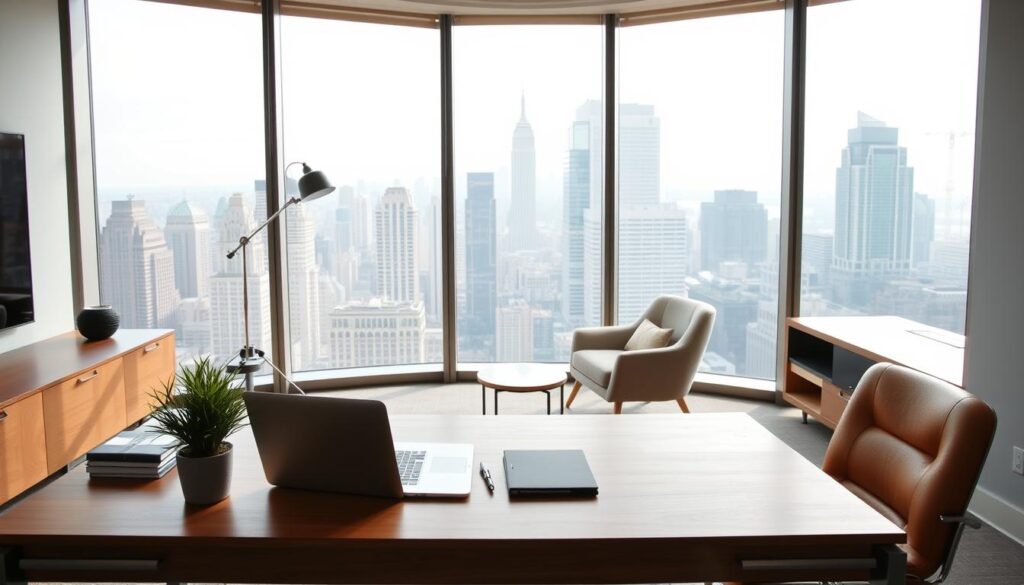 A modern, well-lit office interior with a sleek, minimalist design. In the foreground, a wooden desk with a laptop, pen, and a potted plant. The middle ground features a comfortable armchair and a small side table, creating a cozy workspace. The background showcases floor-to-ceiling windows, allowing natural light to flood the space and providing a scenic view of a bustling city skyline. The overall atmosphere is one of professionalism, productivity, and a touch of luxury, reflecting the high earning potential of an interior designer.