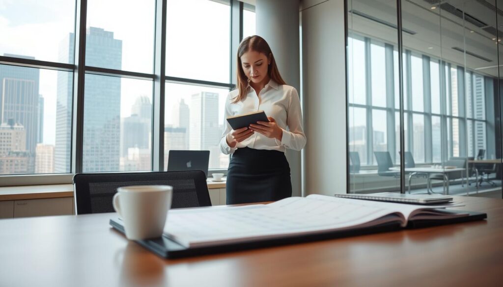 A modern, well-lit office setting with a large desk in the foreground. On the desk, a neatly organized calendar, a laptop, and a cup of coffee. In the middle ground, a secretary dressed in a professional, crisp white blouse and dark skirt, intently reviewing documents and scheduling tasks on a tablet. The background features floor-to-ceiling windows overlooking a bustling city skyline, conveying a sense of efficiency and productivity. The overall atmosphere is one of quiet focus and attention to detail, capturing the essential duties of a secretary's role in managing schedules and streamlining workflows.