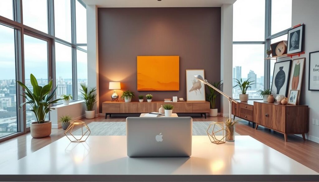 A modern, well-lit office space showcasing the versatility and creativity of an interior designer's work. In the foreground, a chic, minimalist desk setup with a sleek laptop, potted plants, and a geometric desk lamp casting a warm glow. Behind it, a feature wall in a bold, vibrant color contrasts with the neutral palette of the room. Floor-to-ceiling windows let in natural light, illuminating the space and offering a panoramic city view in the background. Framed artwork and carefully curated decorative pieces throughout the room demonstrate the designer's keen eye for style and attention to detail. The overall atmosphere conveys a sense of professionalism, innovation, and limitless potential for an interior designer's career.