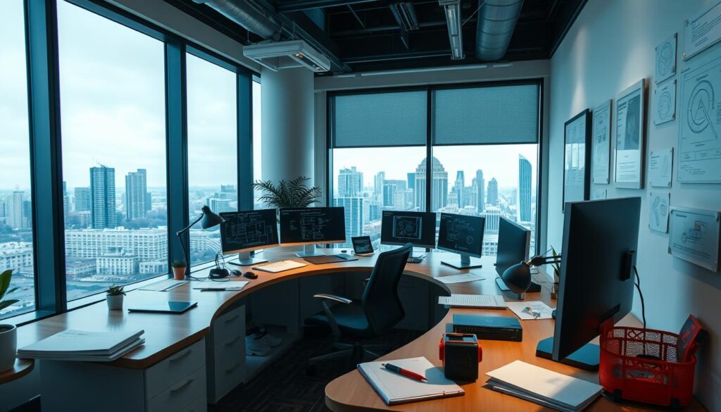 A modern, well-lit office space with a large, curved desk and multiple computer monitors. A comfortable executive chair and a desk lamp provide focused illumination. The walls are adorned with framed technical diagrams and schematic drawings, hinting at the engineer's technical expertise. The desk is cluttered with papers, notebooks, and a 3D-printed prototype, showcasing the hands-on nature of the work. The room is filled with a sense of focused productivity, with a large window overlooking a bustling city skyline in the background, suggesting the broader context and impact of the engineer's work.