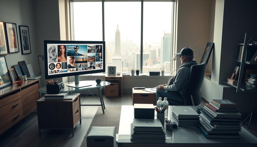 A modern, well-lit office space with sleek furniture and minimalist decor. In the foreground, a freelance art curator is seated at a desk, meticulously curating a digital gallery on a large computer monitor. The middle ground showcases the curator's workspace, complete with art books, catalogues, and a carefully organized collection of art supplies. The background depicts a large window overlooking a bustling city skyline, bathed in the warm glow of natural light. The overall atmosphere conveys a sense of creativity, efficiency, and the independent, entrepreneurial spirit of a freelance curator.