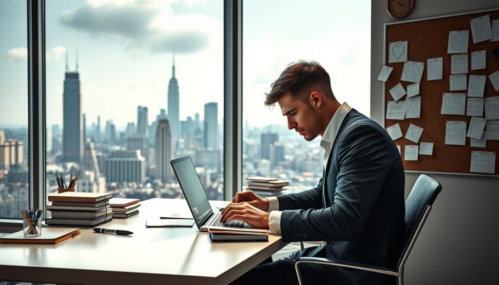 A modern, well-lit office with a large window overlooking a bustling city skyline. In the foreground, a professional-looking writer sits at a sleek, minimalist desk, deep in concentration as they type furiously on a laptop. The writer's expression is intense, their brow furrowed as they carefully craft the narrative. Stacks of notebooks, pens, and reference materials surround them, evidence of their meticulous research and planning. The mid-ground features a corkboard filled with notes, sketches, and character profiles, a testament to the writer's creative process. In the background, the city outside the window is alive with activity, a constant source of inspiration for the writer's vivid imagination. The overall scene conveys a sense of focus, dedication, and the thrill of bringing a game's story to life.