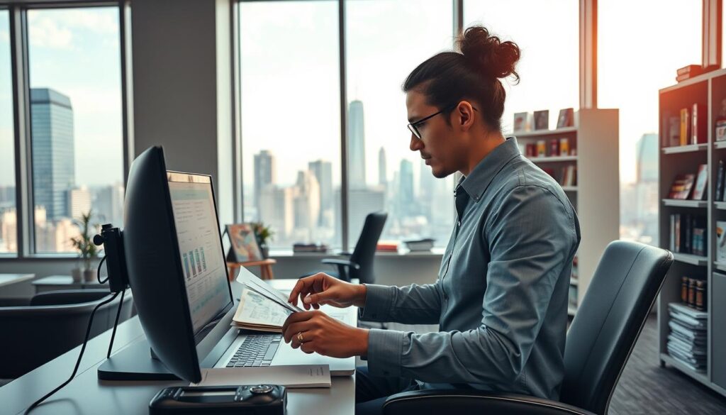 A modern, well-lit office with sleek furniture and large windows overlooking a bustling city skyline. In the foreground, a professional-looking person, presumably a buyer, intently studying product samples and pricing data on their computer screen. Surrounding them, shelves and cabinets filled with various consumer goods, catalogs, and reference materials. The atmosphere is one of focused productivity, with a subtle sense of the buyer's crucial role in selecting the right products to meet market demands.