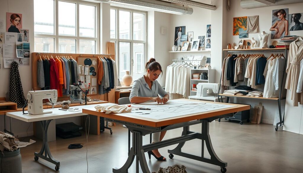 A modern, well-lit studio with a large drafting table at the center. A fashion designer, known as a "patternmaker," sits intently, sketching designs and manipulating fabric samples. Nearby, a sewing machine and a display of various tools and materials used in the patternmaking process. In the background, a large window provides natural light, and the walls are adorned with mood boards, fabric swatches, and inspirational images. The overall atmosphere is one of focused creativity, with the patternmaker deeply engaged in their craft, shaping the foundation of the garment design.