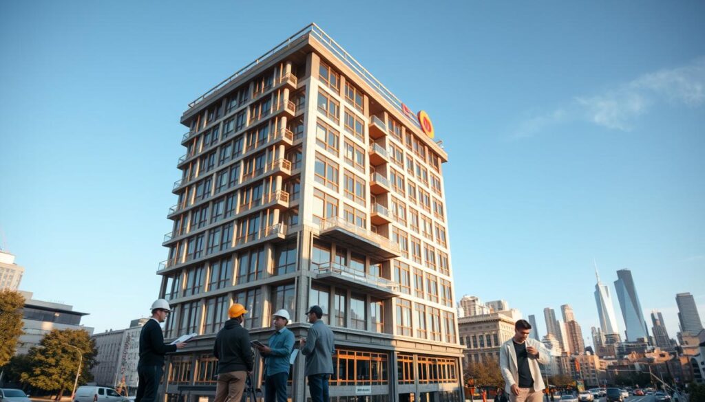 A multi-story commercial building set against a clear blue sky, with a team of engineers and surveyors carefully inspecting the structure. The foreground features a group of professionals wielding clipboards and measuring instruments, their faces focused as they analyze the building's facade and infrastructure. The middle ground showcases the building's intricate architectural details, with a mix of modern and traditional design elements. In the background, a cityscape of towering skyscrapers and bustling streets creates a dynamic urban setting. Warm, diffused lighting casts subtle shadows, emphasizing the depth and texture of the scene. The overall mood is one of thorough assessment and professional diligence, capturing the essence of a compensation consultant's work.