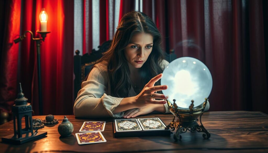 A mystical tarot reader sits at a wooden table, gazing intently into a crystal ball. Soft, ambient lighting casts a warm, inviting glow, drawing the viewer into the enigmatic atmosphere. Ornate tarot cards and mystical trinkets adorn the table, hinting at the reader's expertise. In the background, rich, jewel-toned curtains create a sense of privacy and intimacy, as if the viewer has been granted a private audience with this skilled practitioner. The reader's expression is focused and serene, radiating an aura of wisdom and insight that promises to guide the customer on their journey of self-discovery.