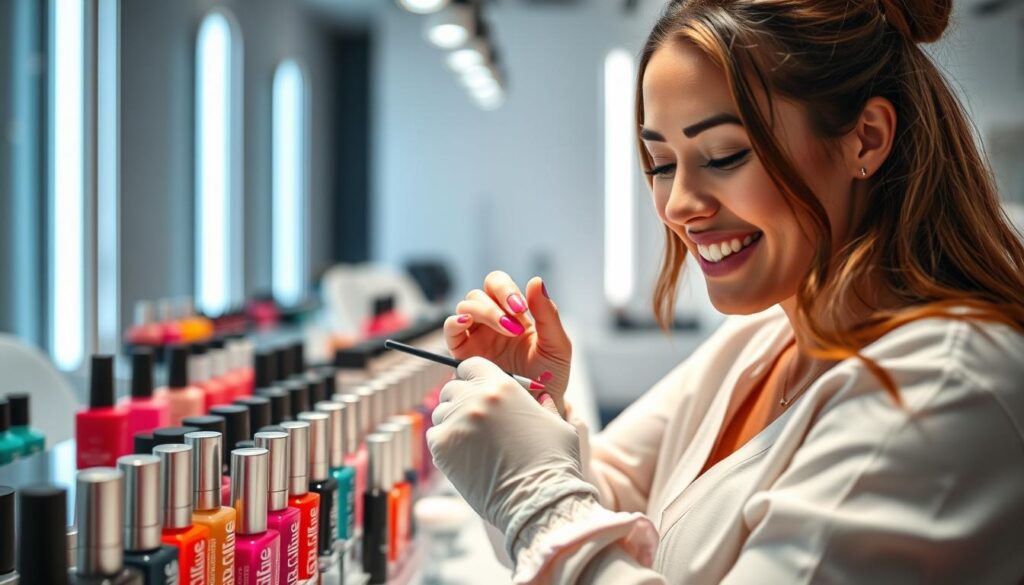 A nail technician's hands meticulously shaping and polishing vibrant nails, surrounded by an array of nail polish bottles in a well-lit, modern salon. The focus is on the nail artist's expression of joy and pride as they create a beautiful and personalized nail design for their client. The background features a sleek, minimalist interior with clean lines and soft lighting, creating a calming and professional atmosphere. The scene conveys the nail technician's passion for their craft and the fulfillment they derive from enhancing their clients' confidence and self-expression through their artistry.