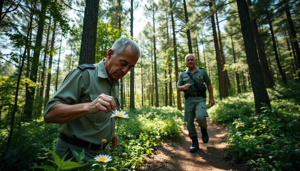A nature conservation officer navigating through a lush, verdant forest, their khaki uniform and sturdy boots blending seamlessly with the dappled sunlight filtering through the canopy overhead. In the foreground, they carefully examine a delicate wildflower, their brow furrowed in concentration as they meticulously document its species and state of health. In the middle ground, they stride purposefully along a winding dirt path, their weathered face expressing a sense of purpose and dedication. In the distance, the silhouettes of towering pine trees frame the scene, casting long shadows across the forest floor. The mood is one of quiet contemplation and reverence for the natural world, with a sense of the officer's critical role in preserving its delicate balance.