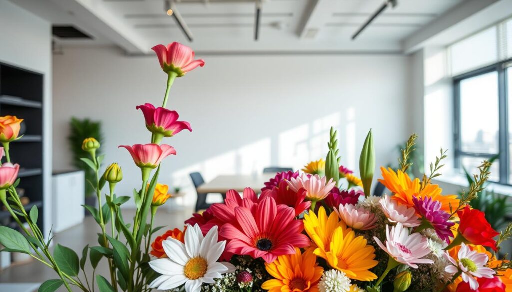A neatly arranged bouquet of vibrant flowers in the foreground, showcasing the artistry and skill of a professional flower designer. The designer's hands are delicately arranging the stems and petals, capturing the essence of their craft. In the middle ground, a sleek, modern workspace with minimalist decor and natural lighting, creating a serene and inspiring atmosphere. The background features a cityscape, hinting at the successful career and financial stability of the flower designer. The overall scene conveys the creativity, expertise, and earning potential of a thriving floral design profession.