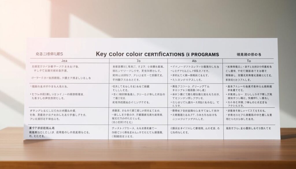 A neatly arranged table showcasing the key color certification programs in Japan, captured under soft natural lighting with a clean, minimalist aesthetic. The foreground features the program titles, descriptions, and requirements prominently displayed in a balanced grid layout. The middle ground subtly incorporates relevant color swatches and icons to visually distinguish the different certifications. The background maintains a neutral, slightly blurred palette to keep the focus on the informative content. Overall, the image conveys a sense of professionalism and clarity, making it an ideal visual accompaniment to the "主要な資格と取得方法" section of the article.