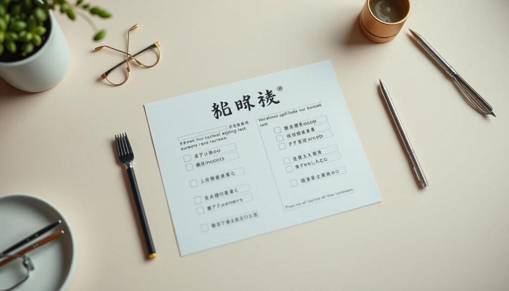 A neatly arranged table with a professional-looking vocational aptitude test document titled "適性診断テスト" in the center. The document has a clean, minimalist design with various checkboxes, bubbles, and questions to assess the test taker's strengths, weaknesses, and suitability for different careers. The table is set against a soft, pastel-colored background, creating a calm and thoughtful atmosphere. The lighting is diffused and slightly moody, highlighting the seriousness and importance of the test. The composition is well-balanced, with the test document as the clear focal point, surrounded by subtle details that convey the overall theme of career guidance and self-assessment.