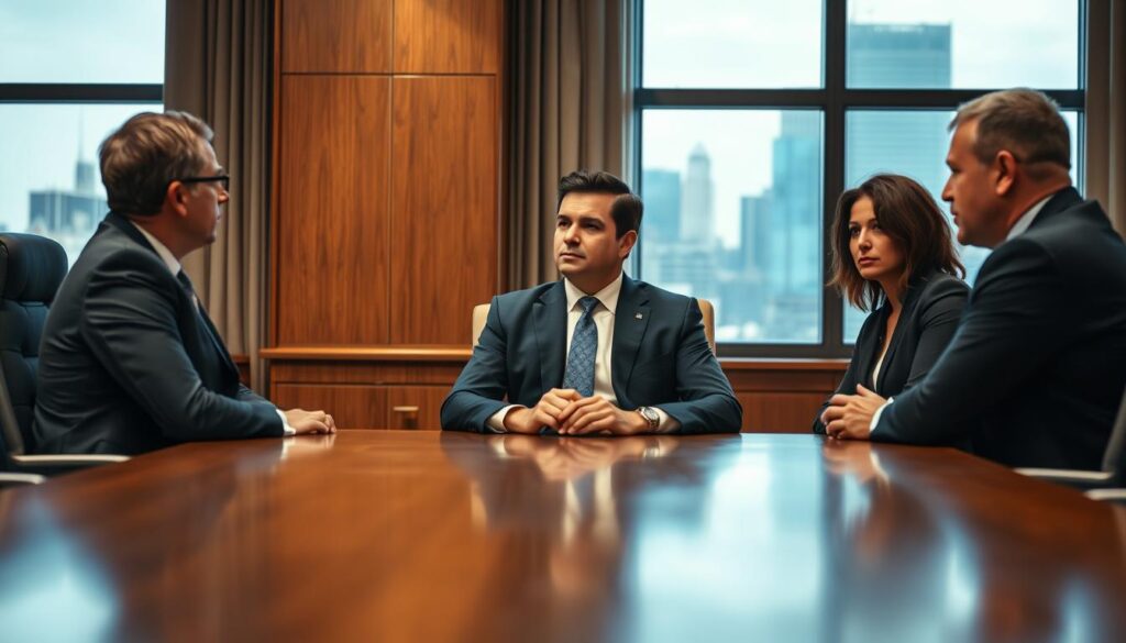 A neatly dressed executive sitting at the head of a polished oak conference table, facing three interviewers in formal attire. The lighting is warm and focused, creating a sense of gravity and importance. The executive's expression is one of thoughtful consideration, as the interviewers lean in, their faces subtly revealing their own evaluations. The background is a tastefully appointed meeting room, with floor-to-ceiling windows offering a view of a bustling city skyline. The scene conveys the high-stakes nature of a final job interview, where the candidate's future hangs in the balance.