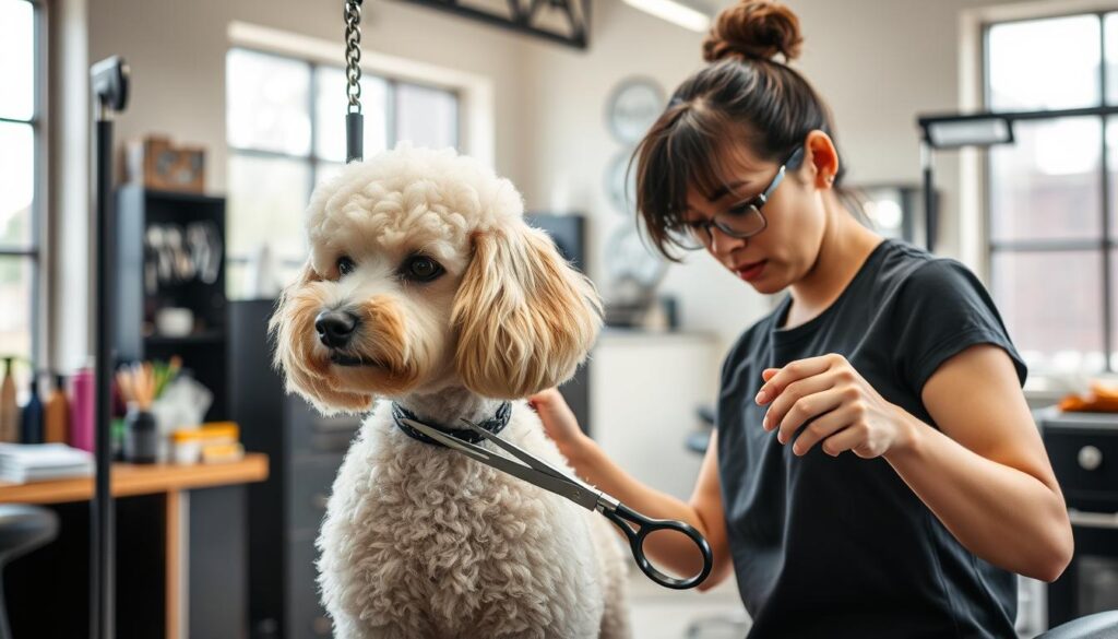 A neatly groomed poodle in a well-lit, modern grooming salon, the trimmer in the foreground focused intently as they shape the dog's fur with precision scissors. In the background, various grooming tools and supplies are neatly arranged, conveying a sense of professionalism and expertise. The salon's interior is spacious and inviting, with large windows allowing natural light to flood the space. A calm, relaxed atmosphere pervades the scene, reflecting the trimmer's skill and the dog's comfort. The trimmer's confident posture and calm demeanor suggest the independence and entrepreneurial spirit of a skilled professional embarking on their own grooming business venture.