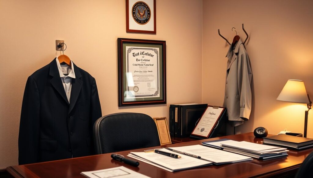 A neatly organized desk with various documents, certificates, and official seals displayed prominently. A tour conductor's uniform, complete with a name tag, hangs on a nearby coat rack. Soft, warm lighting illuminates the scene, creating a professional and authoritative atmosphere. The focal point is a framed certificate or diploma hanging on the wall, indicating the formal qualifications and credentials required to become a certified tour conductor. The overall composition conveys a sense of expertise, dedication, and the importance of proper licensing and training in this field.