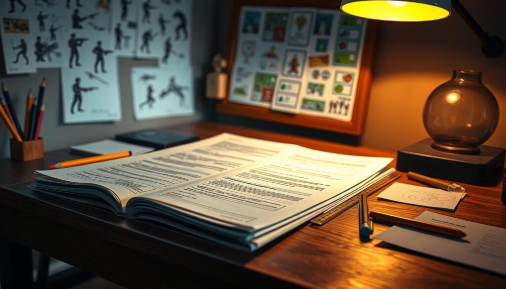 A neatly organized game design document lies open on a wooden desk, illuminated by a warm desk lamp. Pencils, rulers, and notes surround the document, reflecting the careful planning and attention to detail involved in the game design process. In the background, a bulletin board displays concept art, character sketches, and level layouts, hinting at the creative ideation that goes into game development. The overall scene conveys a sense of focused productivity and the intellectual rigor required to craft an engaging gaming experience.