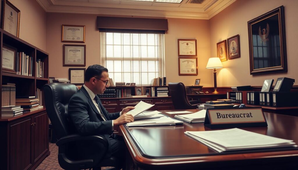 A neatly organized government office, with a meticulously tidy desk and a nameplate that reads "Bureaucrat". The bureaucrat, dressed in a crisp suit, sits at the desk, focused on reviewing a stack of documents. The room is bathed in warm, soft lighting, creating a sense of diligence and efficiency. On the walls, framed certificates and awards reflect the bureaucrat's expertise and dedication to their work. The atmosphere is one of quiet professionalism, where every detail is carefully considered and processed with the utmost care and attention to detail.