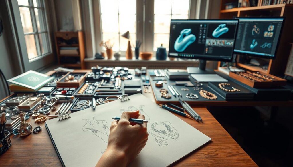 A neatly organized jewelry designer's workspace, bathed in warm, diffused lighting from large windows. In the foreground, a delicate hand sketches intricate designs on a sturdy drawing pad, using a variety of fine-tipped pens. The middle ground showcases an array of gemstones, precious metals, and jewelry-making tools, meticulously arranged for easy access. In the background, a computer screen displays 3D modeling software, where the designer refines the digital renderings. The overall atmosphere is one of focused concentration and creative energy, reflecting the typical workflow of a skilled jewelry designer.