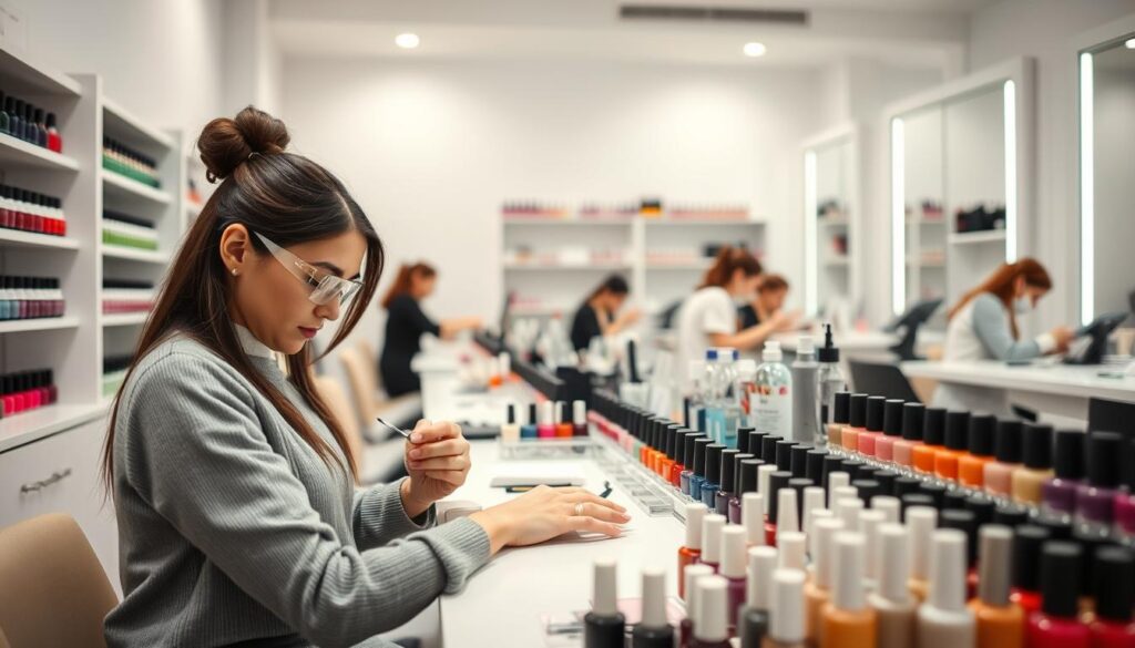 A neatly organized nail salon, with a modern and minimalist aesthetic. In the foreground, a nail technician carefully shapes and polishes a client's nails, her focused expression and delicate movements conveying the meticulous attention to detail required in the profession. The middle ground showcases a range of nail polish bottles, organized by color and hue, reflecting the diverse palette available to cater to individual preferences. In the background, other nail technicians are seen attending to their clients, creating a sense of a bustling and productive work environment. The lighting is soft and diffused, creating a calming and relaxing atmosphere. The overall scene captures the precision, artistry, and diligence that define the work of a skilled nail technician.