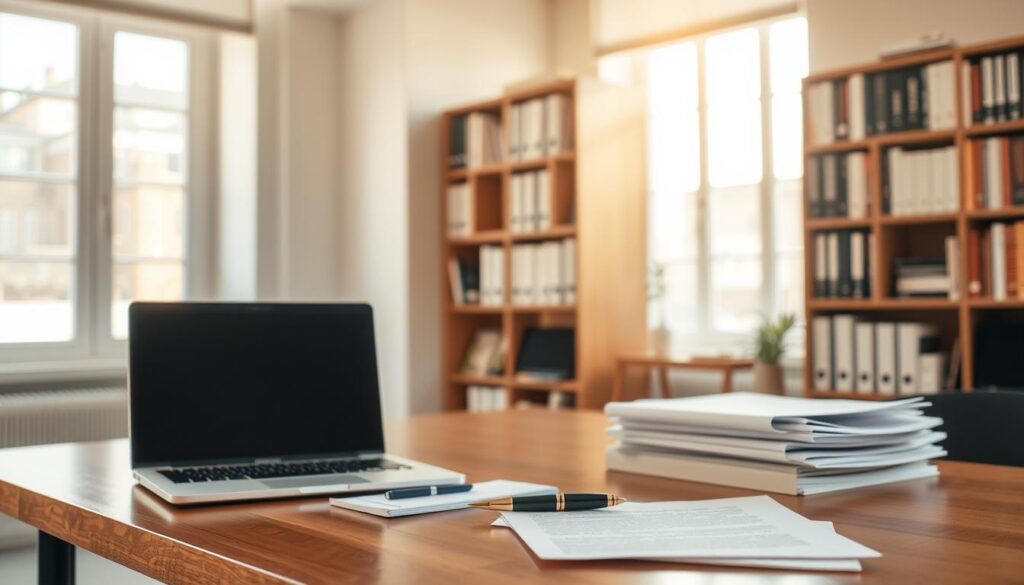 A neatly organized office desk, illuminated by warm, natural light filtering through large windows. On the desk, a laptop, a pen, and a stack of papers, representing the process of crafting a thoughtful job application. In the background, a bookshelf filled with reference materials, conveying a sense of diligence and preparation. The atmosphere is one of focus and intentionality, reflecting the care and consideration needed to write a compelling statement of purpose for a job application.