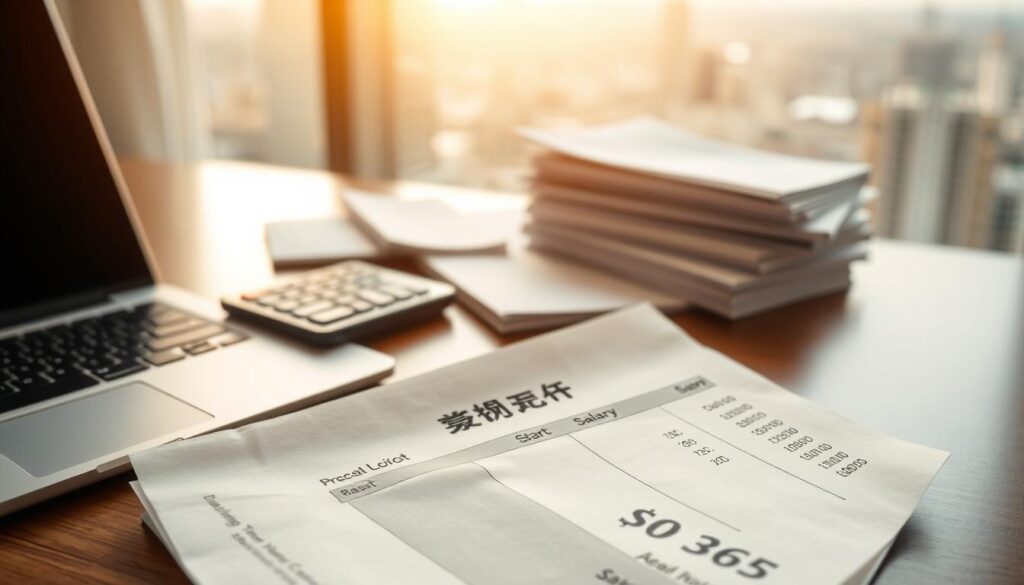 A neatly organized office desk with a laptop, calculator, and a stack of business documents. In the foreground, a payslip with the title "初任給の相場" prominently displayed, showcasing the starting salary range for a career in tourism consulting. The lighting is warm and professional, creating a sense of productivity and financial consideration. The background features a blurred cityscape through a window, hinting at the dynamic nature of the tourism industry. The overall composition conveys the importance of understanding salary expectations when embarking on a career as a tourism consultant.