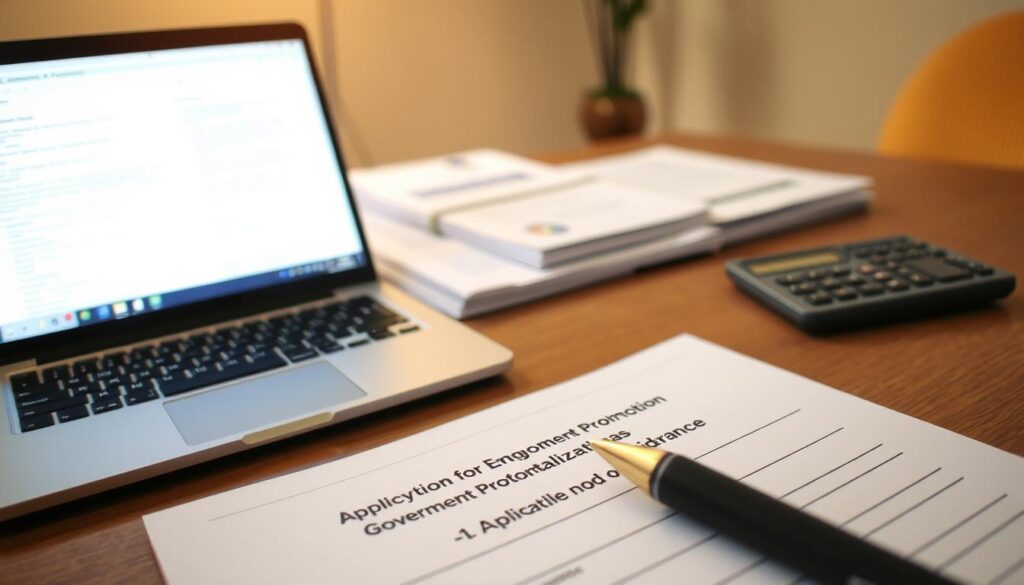 A neatly organized office desk with a laptop, documents, and a calculator, all bathed in warm, diffused lighting. In the foreground, a pen hovers over an application form labeled "Application for Employment Promotion Stabilization Allowance", its details crisp and clear. The middle ground features a stack of relevant government forms and guidelines, while the background suggests a calm, professional atmosphere with minimalist decor. The scene conveys a sense of focused, methodical process to navigate the application procedure.