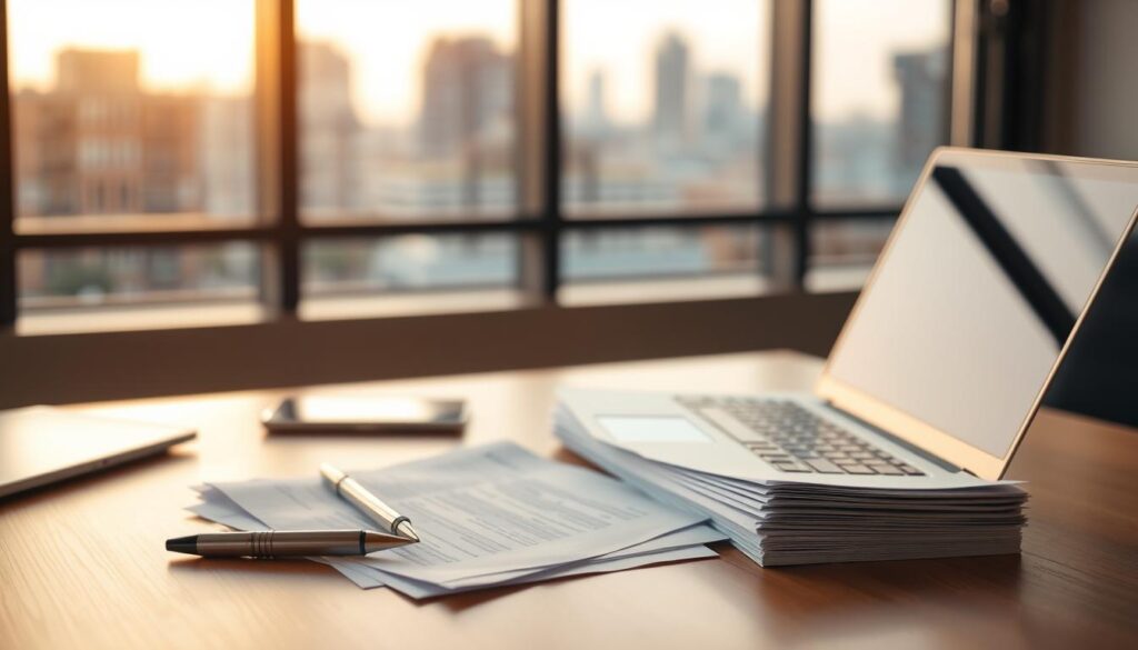 A neatly organized office desk with a stack of papers, a pen, and a laptop computer. The background is blurred, giving focus to the desk items. Warm, natural lighting casts a soft glow, creating a calm and professional atmosphere. The desk is positioned at a slight angle, leading the eye towards a window showcasing a cityscape in the distance. The overall composition conveys the process of completing resignation paperwork in a smooth, efficient manner.