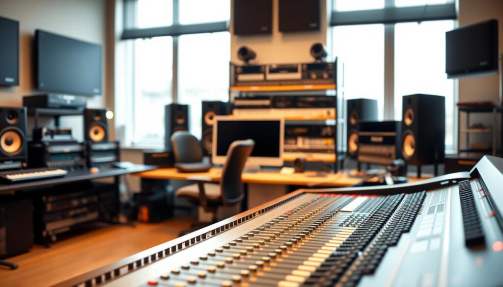 A neatly organized office setting, illuminated by warm, diffused lighting from large windows. In the foreground, a meticulously crafted mixing console with various sliders, knobs, and displays, conveying the complex technical mastery required of a professional audio mixer. The middle ground features a comfortable ergonomic chair and a sleek, modern computer setup, hinting at the mix engineer's role in digital audio production. In the background, shelves filled with professional audio equipment and sound-absorbing acoustic panels suggest a high-end recording studio environment. The overall scene radiates a sense of expertise, precision, and the financial rewards that come with a successful career as a skilled audio mixer.