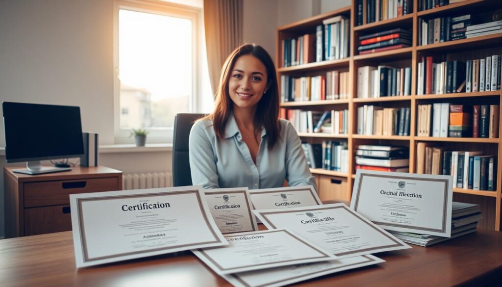 A neatly organized office space with a desk, chair, and a large window letting in natural light. On the desk, there are various certifications and diplomas representing different professional qualifications, such as accounting, IT, and language skills. The lighting is warm and inviting, creating a sense of productivity and focus. In the background, a bookshelf filled with relevant textbooks and industry-specific resources, conveying the idea of continuous learning and self-improvement. The overall atmosphere is one of a dedicated, career-oriented professional woman, ready to take on new challenges and advance her career through the acquisition of valuable certifications.