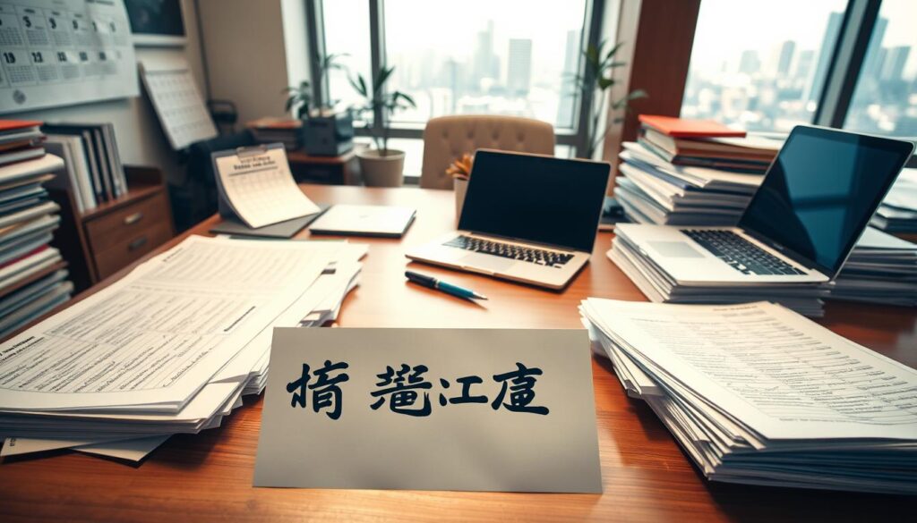 A neatly organized office space with a wooden desk and a laptop, surrounded by stacks of files and folders. The foreground features a selection of handwritten notes and job application forms, conveying the concept of "志望動機の例文: 職種別サンプル". The lighting is soft and warm, creating a contemplative atmosphere. The middle ground includes a calendar, a pen, and a potted plant, adding a sense of professionalism and productivity. In the background, a large window overlooking a cityscape, suggesting the dynamic professional environment. The overall scene reflects the subject of "30代転職の志望動機｜魅力的な例文集." and the specific section title.