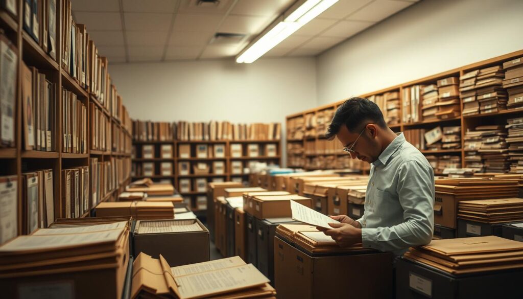 A neatly organized office space, with rows of carefully labeled archival boxes and files. Soft, diffused lighting illuminates the scene, casting a warm, professional atmosphere. In the foreground, an archivist meticulously examines a document, their attention to detail evident. The middle ground showcases a variety of historical records, each preserved and protected, reflecting the archivist's dedication to safeguarding the past. The background features a wall of shelves, meticulously arranged, hinting at the breadth and depth of the collection under their care. An air of quiet contemplation pervades the scene, underscoring the important role of the archivist in maintaining the integrity of our shared history.
