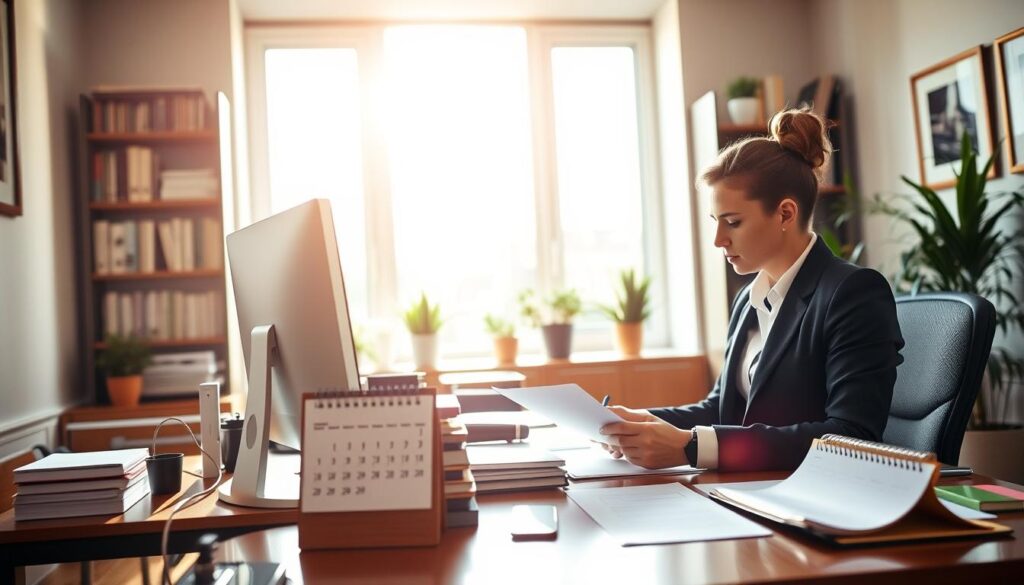 A neatly organized office workspace with a desktop computer, stationery, and a calendar on the desk. Warm, natural lighting filters in through large windows, creating a serene and focused atmosphere. In the foreground, a person in business attire sits at the desk, contemplating documents and making notes. The background features bookshelves, potted plants, and subtle artwork on the walls, conveying a sense of professionalism and preparedness. The overall scene reflects the diligence and care taken in finalizing details after receiving a job offer, ready to transition into the new role.