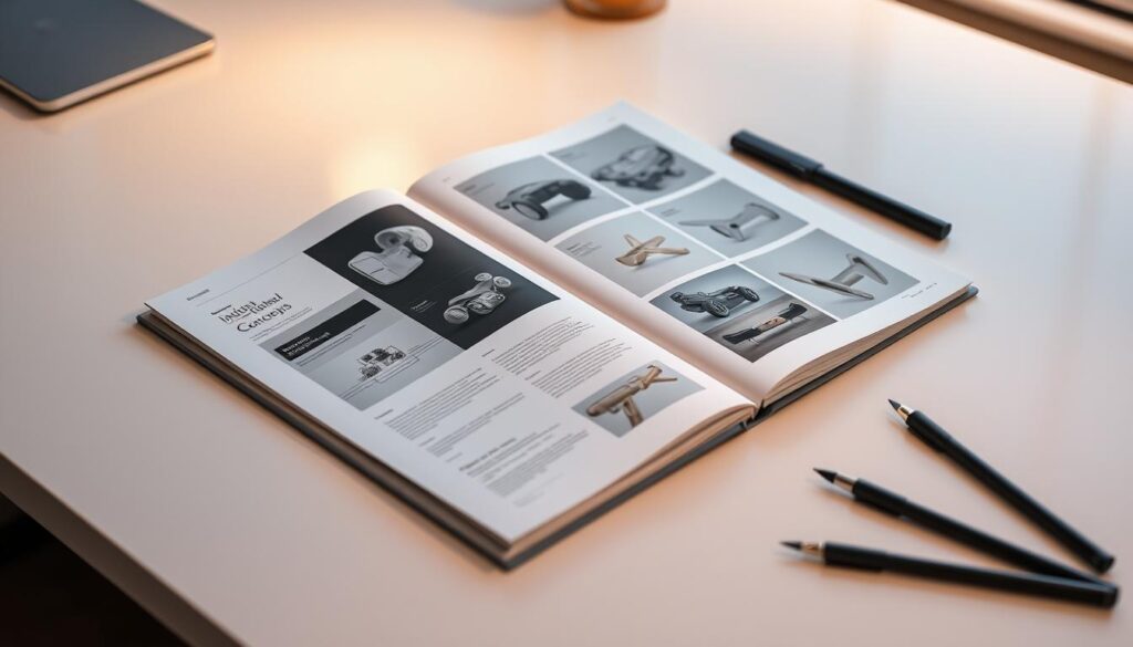 A neatly organized portfolio, showcasing a collection of meticulously crafted industrial design concepts, lies on a sleek, minimalist desk. Soft, warm lighting casts a subtle glow, illuminating the pages and accentuating the attention to detail. The portfolio's cover features a minimal, yet striking design, hinting at the creative vision within. Carefully selected design tools, such as sketching pens and a tablet, are arranged around the portfolio, suggesting the iterative process behind each project. The overall scene conveys a sense of professionalism, creativity, and the designer's dedication to their craft.