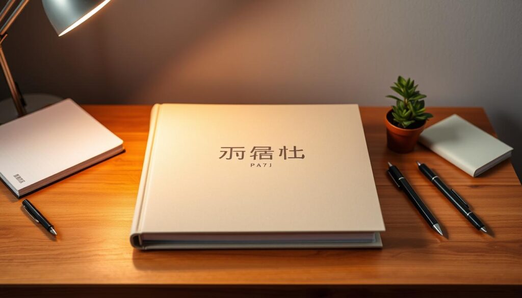 A neatly organized portfolio sits atop a wooden desk, illuminated by warm, directional lighting. The cover features a minimalist design, with the title "ポートフォリオ" embossed in a clean, modern font. Surrounding the portfolio are various stationery items, such as pens, a notebook, and a small plant, creating a thoughtful, professional workspace. The background is a soft, neutral color, allowing the portfolio to take center stage. The overall composition conveys a sense of focus, attention to detail, and a well-curated personal brand, reflecting the care and preparation needed for a fashion designer's career journey.