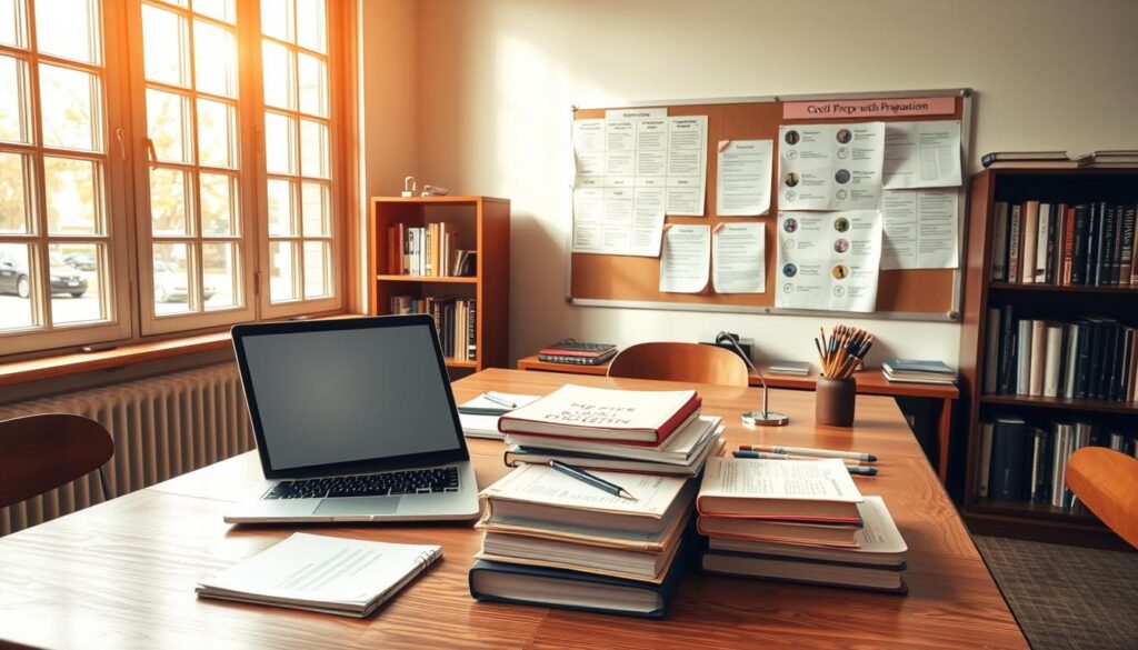 A neatly organized study area with a laptop, textbooks, and stationery on a wooden desk. Warm, natural lighting filters through large windows, creating a focused and productive atmosphere. In the background, a bookshelf filled with relevant references and resources. A bulletin board displays exam preparation notes and study schedules, reflecting the diligent and structured approach of a civil service exam candidate. The overall scene conveys the dedication and discipline required to excel in this competitive examination process.