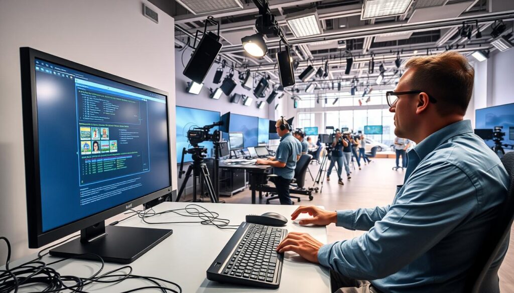 A neatly organized workstation with a large computer monitor, keyboard, and mouse. The room is brightly lit with a combination of natural and artificial lighting, creating a clean and professional atmosphere. In the foreground, a technical director is focused on the screen, their hands hovering over the keyboard, showcasing their expertise in software operation and problem-solving. The middle ground features a tangle of cables, connectors, and equipment, hinting at the complex technical infrastructure behind the scenes. The background reveals a panoramic view of a bustling television studio, with cameras, lighting rigs, and a team of technicians working in sync, emphasizing the collaborative nature of the technical director's role.