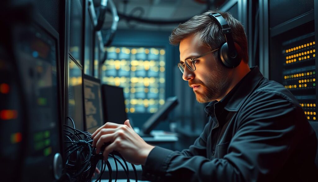 A network engineer hard at work in a dimly lit server room, surrounded by racks of humming equipment. The soft glow of monitors illuminates their focused expression as they troubleshoot a complex issue, their hands deftly navigating the tangled web of cables. In the background, a bank of blinking lights and a sleek, modern workstation speak to the high-tech nature of their profession. The scene conveys a sense of intensity and dedication, with the engineer immersed in the technical challenges that are the hallmark of their role.