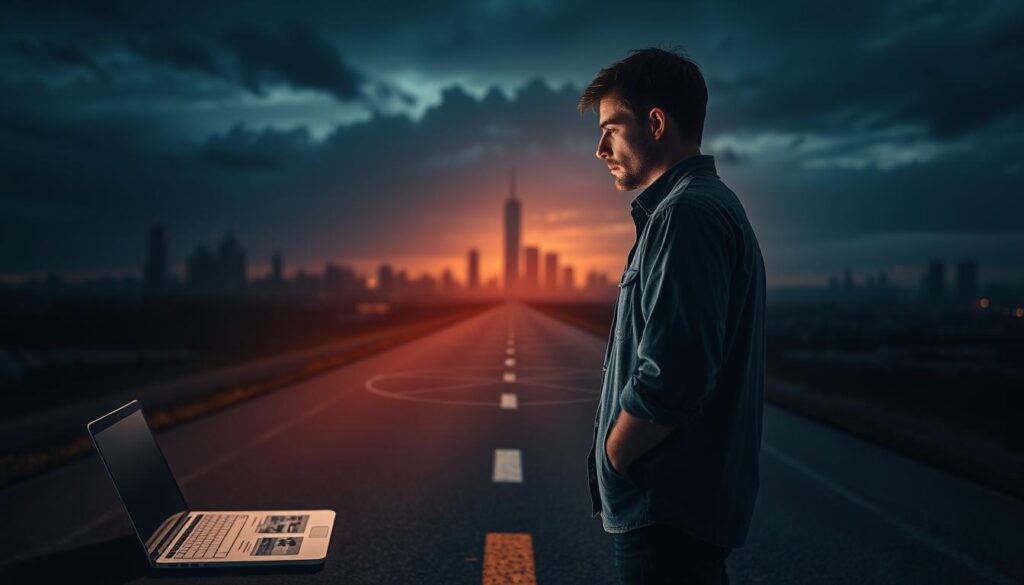 A network engineer standing at a crossroads, contemplating their next career move. In the foreground, a laptop and papers with job listings, representing the search for new opportunities. The middle ground features a stylized network diagram, symbolizing their technical expertise. In the background, a city skyline fades into the distance, hinting at the broader job market. Dramatic lighting casts dynamic shadows, creating a pensive, introspective atmosphere. Cinematic camera angle captures the engineer's thoughtful gaze, conveying the weight of the decision at hand. Technical details like depth of field and moody color grading enhance the professional, yet personal, nature of the scene.