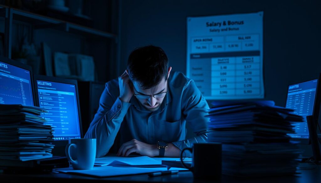 A network engineer working late into the night, hunched over a desk illuminated by the blue glow of computer screens. Stacks of paperwork and coffee mugs litter the workspace, while a chart displaying salary and bonus information is visible in the background. The engineer's expression conveys a mix of exhaustion and determination, reflecting the challenges and rewards of the profession. Soft, dramatic lighting casts shadows across the scene, creating a contemplative atmosphere. The overall composition suggests the balance between the demanding nature of the job and the potential for financial stability and career growth.