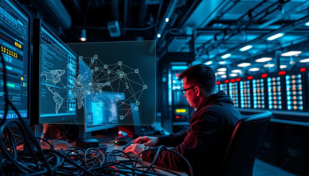A network engineer's workspace, bathed in the glow of multiple monitors and the hum of servers. In the foreground, a tangle of cables and network equipment, symbolizing the technical challenges they face. The middle ground features a holographic display showcasing network topology, highlighting the complexity of system management. In the background, a panoramic view of a bustling data center, with rows of racks and flashing lights, representing the scale and scope of their responsibilities. The atmosphere is one of concentration and intensity, with a touch of frustration, as the engineer wrestles with network optimization, security, and troubleshooting. The lens is wide and the lighting is a mix of cool, clinical tones and warm, task-focused illumination.