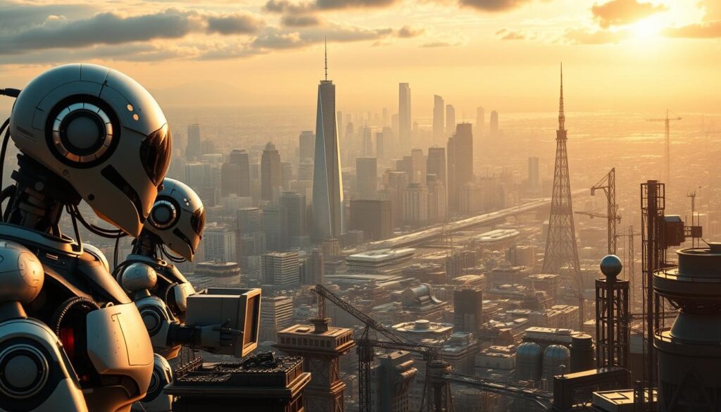 A panoramic landscape depicting the evolution of technology over time. In the foreground, advanced robotic machinery and sleek, futuristic devices symbolize modern technological advancements. The middle ground showcases a cityscape with towering skyscrapers and gleaming, high-tech infrastructure, representing the rapid urbanization and digital transformation. In the background, a montage of historical technological milestones, such as early computers, telegraphs, and steam engines, fades into the distance, signifying the progression from past to present. The scene is illuminated by a warm, golden light, creating a sense of progress and optimism. The overall composition conveys the ongoing technological revolution that has shaped the world, setting the stage for the historical context of technocrats.