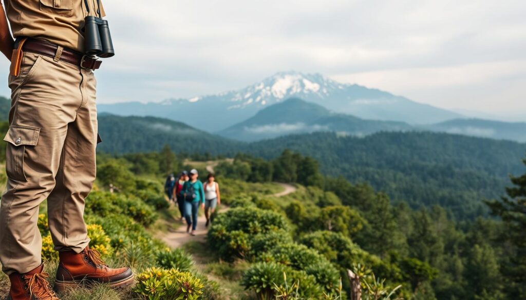 A panoramic scene of a nature reserve, with a uniformed park ranger standing vigilantly in the foreground. The ranger's sturdy boots, utility belt, and binoculars around their neck suggest their role in monitoring and protecting the lush, verdant landscape. In the middle ground, a group of hikers is guided through a winding trail, while in the background, a majestic mountain range rises, its peaks capped with snow. Soft, diffused lighting illuminates the scene, creating a sense of tranquility and reverence for the natural world. The ranger's posture and gaze convey a deep commitment to their duty of safeguarding the delicate balance of this ecological haven.