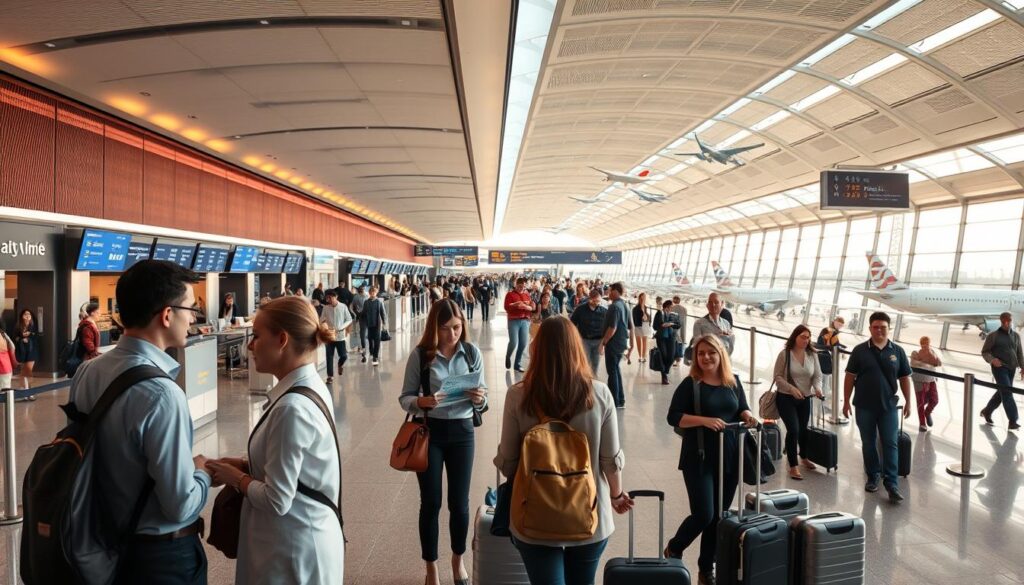 A panoramic view of a bustling international airport, with sleek modern architecture, digital displays, and travelers bustling through the terminals. In the foreground, a group of seasoned tour guides converse, their uniforms crisp and professional. In the middle ground, families and solo adventurers consult digital maps and suitcases, anticipating their next destination. The background is filled with the seamless flow of global transportation, planes taking off and landing, and the energy of a world constantly on the move. Warm, diffused lighting casts a sense of excitement and possibility, capturing the essence of the latest travel trends.